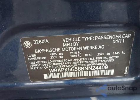 2011 BMW 328I xDrive из США, поврежденный, VIN WBAPK5G58BNN24409